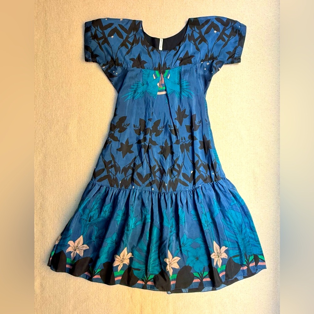 Tallulah & Hope Silk Teal Blue Floral Patterned Smock Tiered Ruffle Midi Dress S